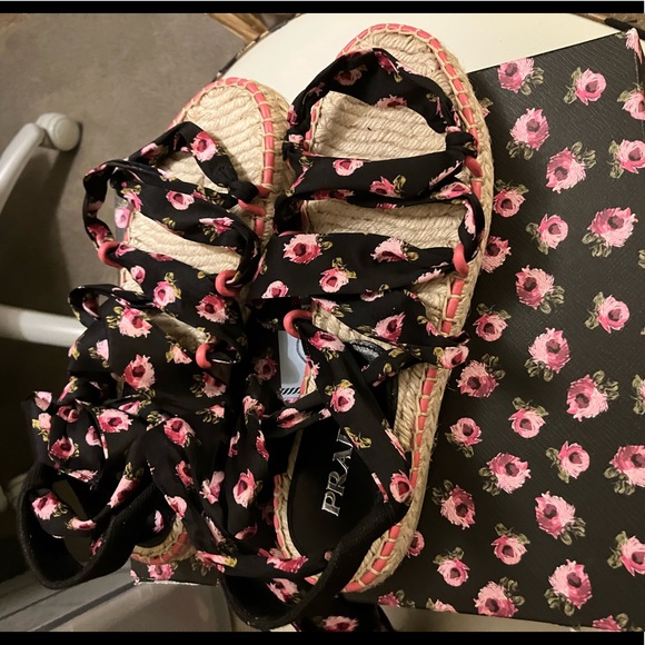 Prada beautiful lace up floral espadrille espadrilles summer sandals 40 9 9.5 - Picture 6 of 11